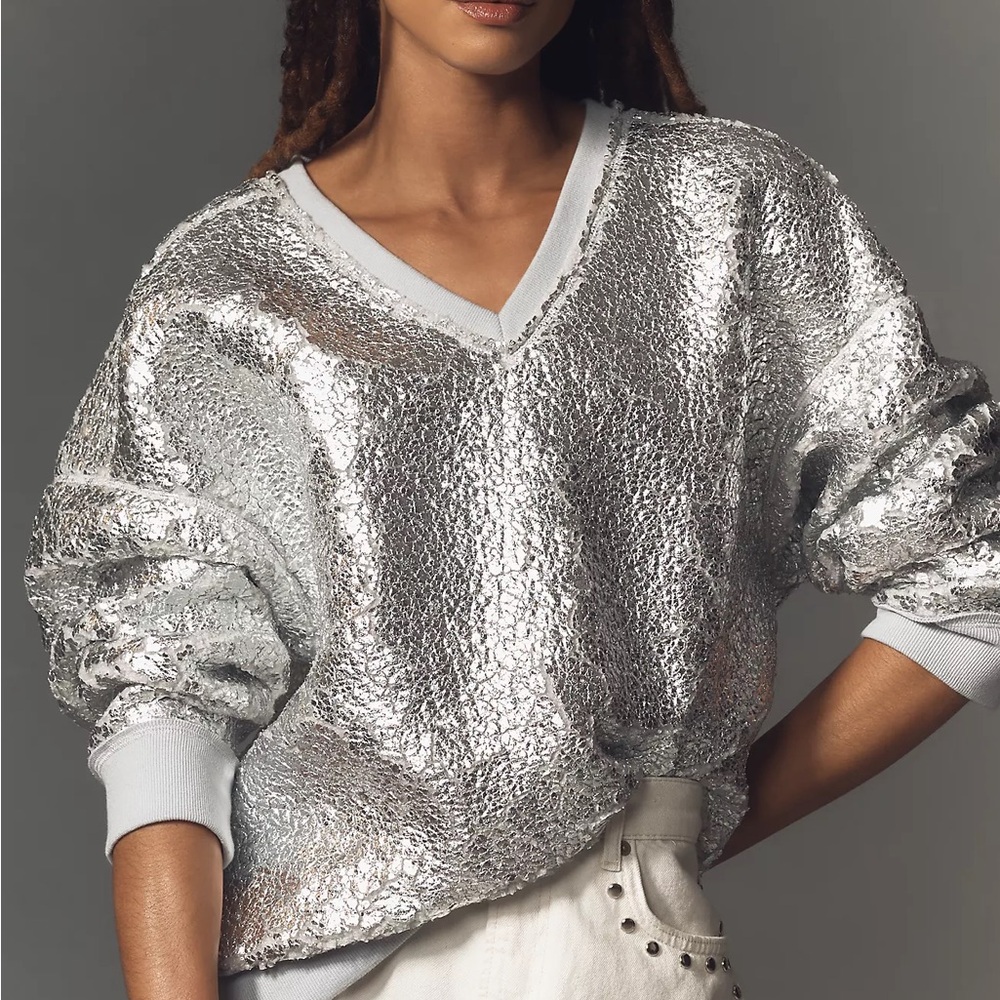 Anthropologie Pilcro Silver Foil Sherpa Sweater Oversized Fit Size XXS